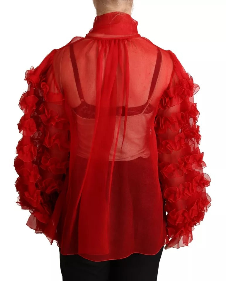 Dolce & Gabbana Red Silk Ascot Collar Ruffles Blouse Top | Regal Royce
