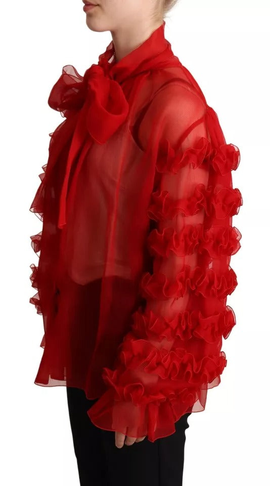 Dolce & Gabbana Red Silk Ascot Collar Ruffles Blouse Top | Regal Royce