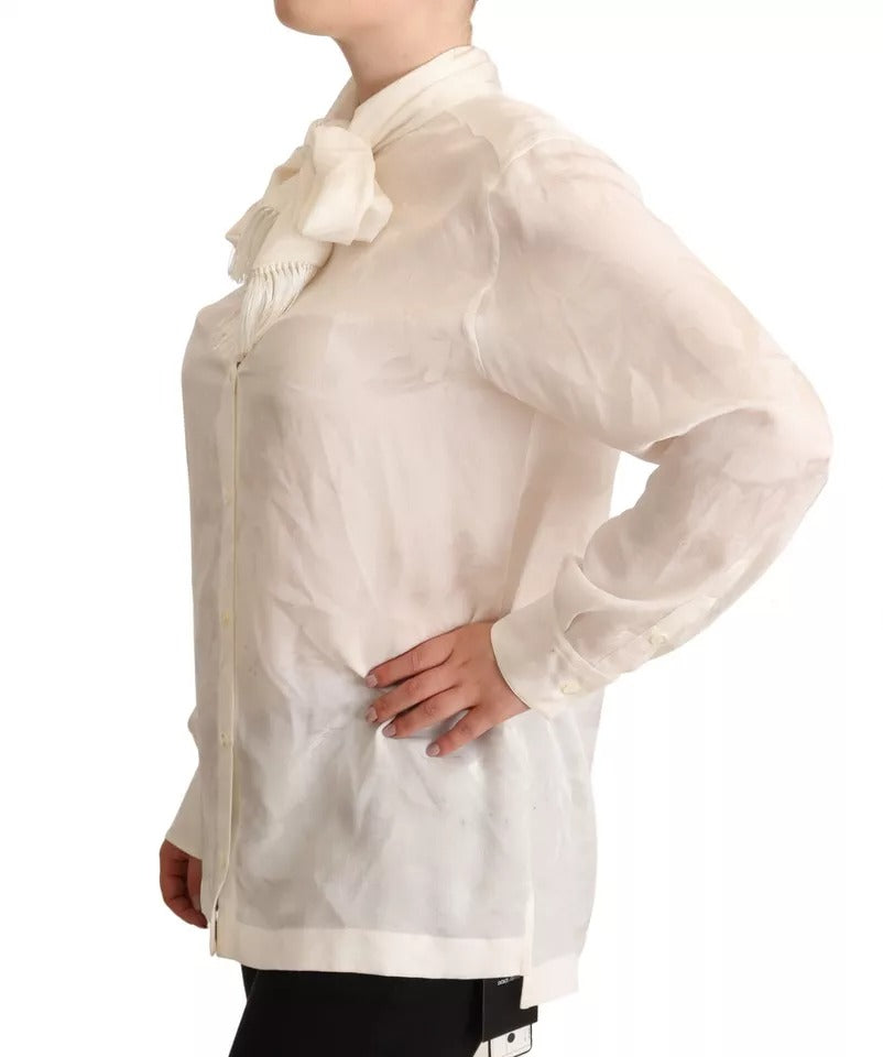 Dolce & Gabbana White Blouse Ascot Collar Shirt Silk Button Top | Regal Royce