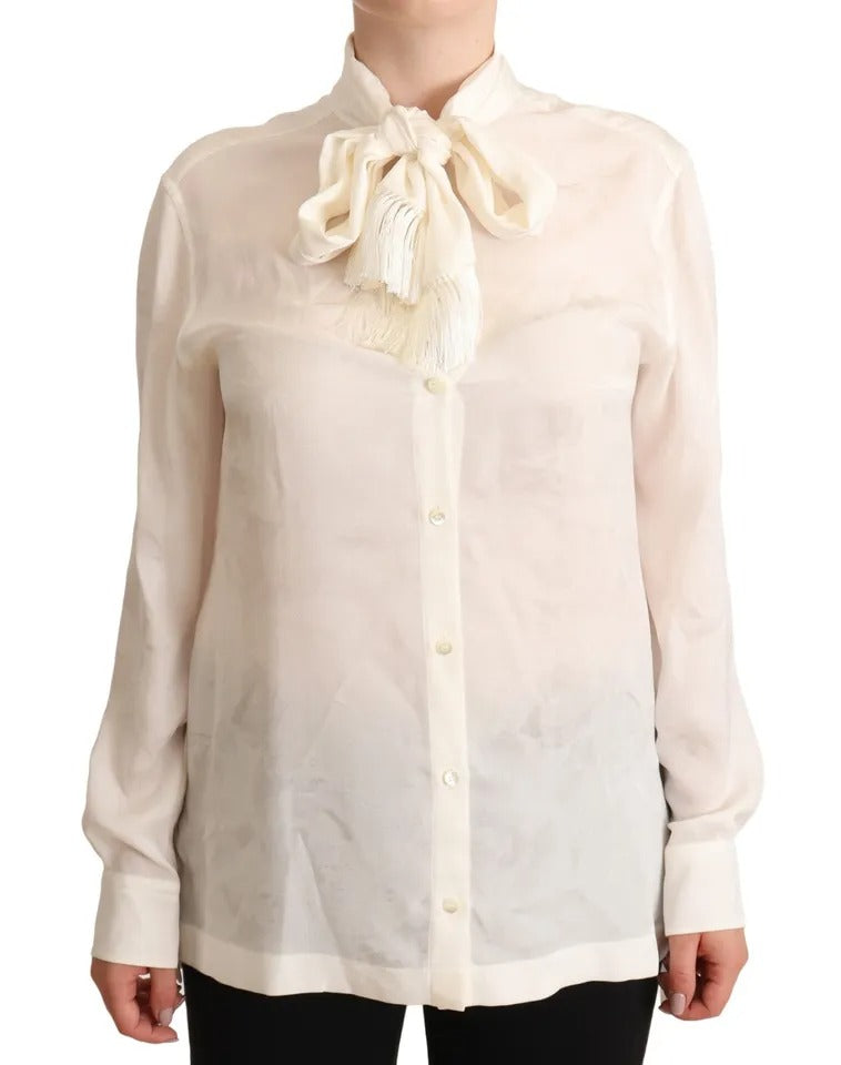 Dolce & Gabbana White Blouse Ascot Collar Shirt Silk Button Top | Regal Royce