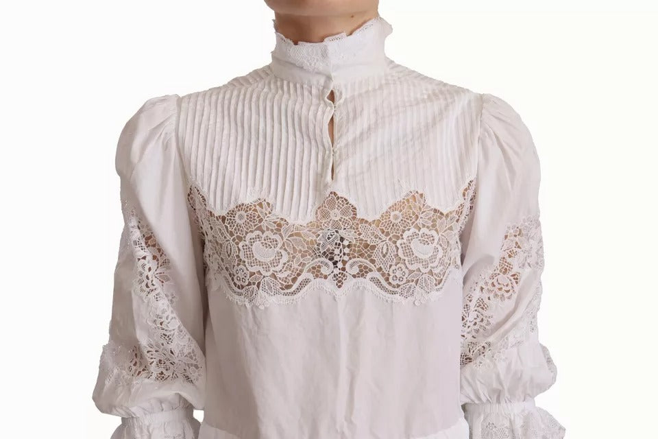 Dolce & Gabbana White Cotton Lace Trim Turtle Neck Blouse Top | Regal Royce