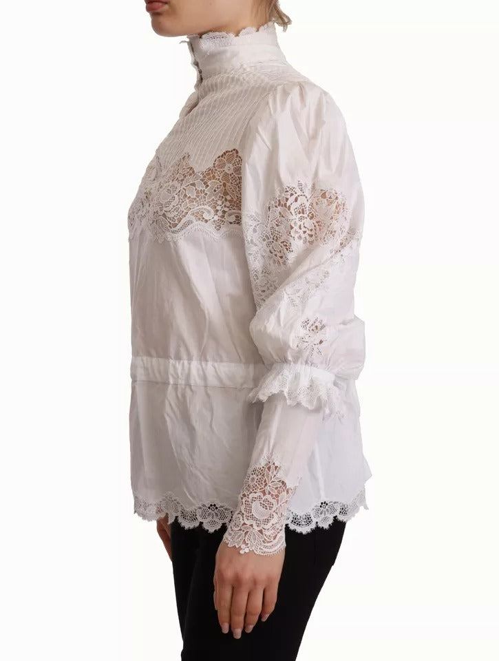 Dolce & Gabbana White Cotton Lace Trim Turtle Neck Blouse Top | Regal Royce