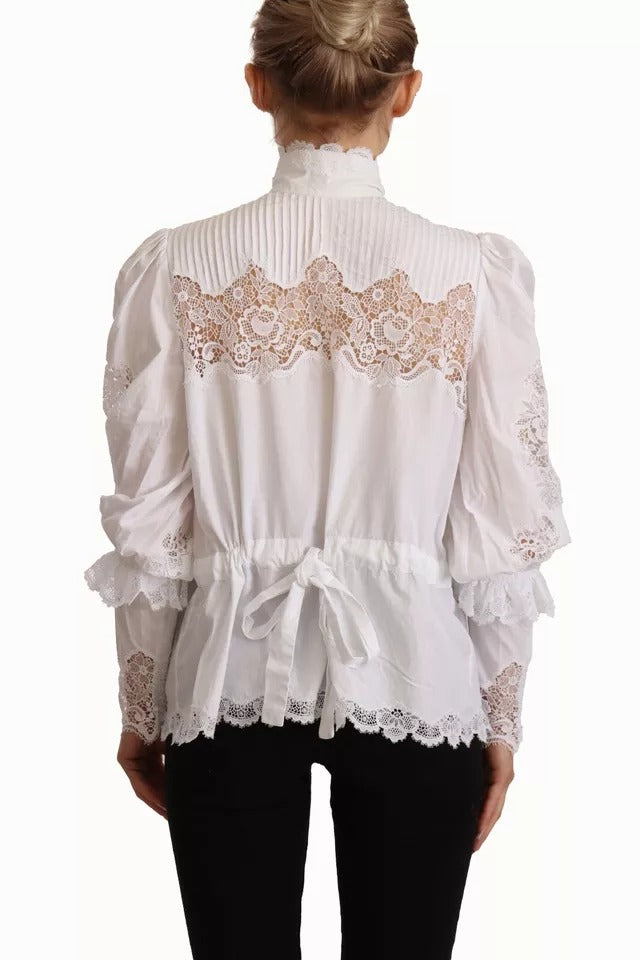 Dolce & Gabbana White Cotton Lace Trim Turtle Neck Blouse Top | Regal Royce