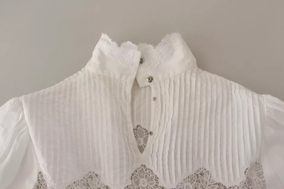 Dolce & Gabbana White Cotton Lace Trim Turtle Neck Blouse Top | Regal Royce