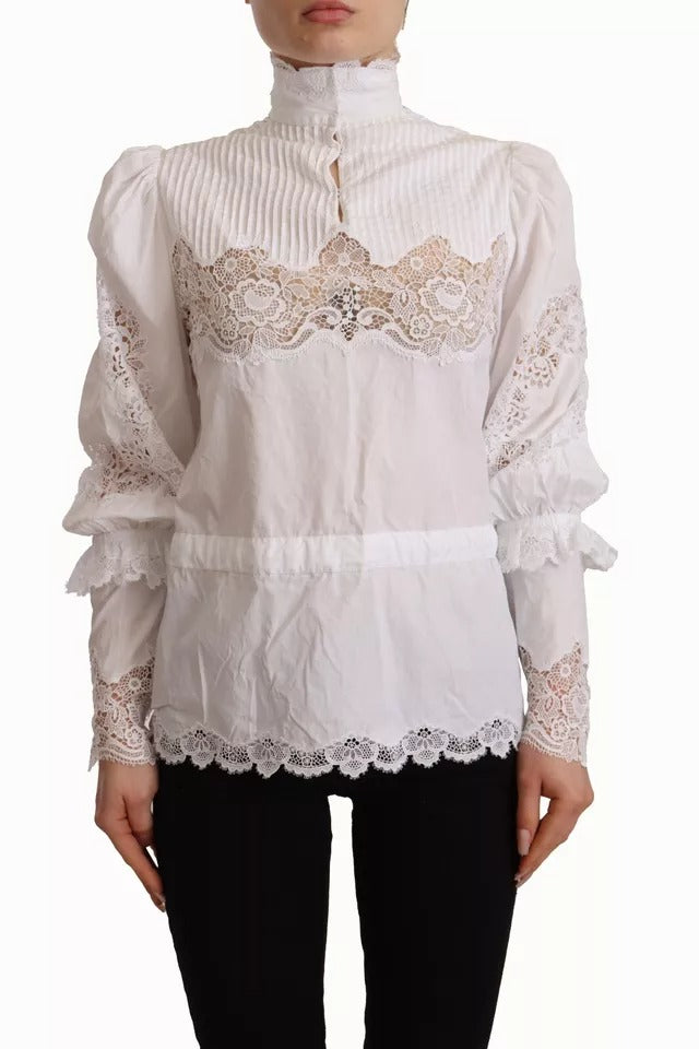 Dolce & Gabbana White Cotton Lace Trim Turtle Neck Blouse Top | Regal Royce