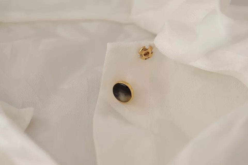 Dolce & Gabbana White Patterned Silk Ascot Collar Blouse Top | Regal Royce