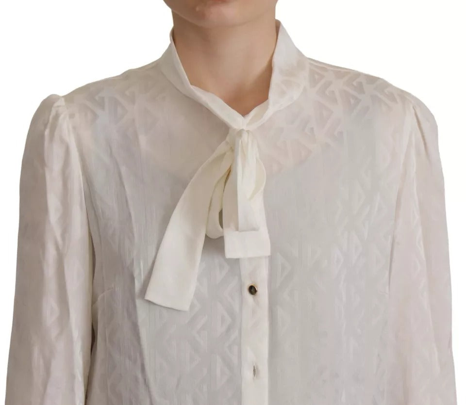 Dolce & Gabbana White Patterned Silk Ascot Collar Blouse Top | Regal Royce