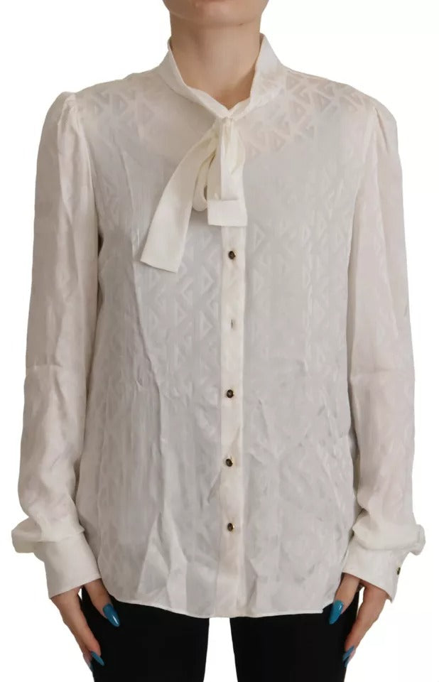 Dolce & Gabbana White Patterned Silk Ascot Collar Blouse Top | Regal Royce