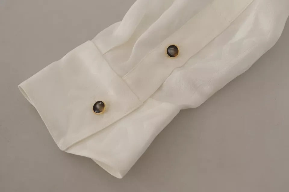 Dolce & Gabbana White Patterned Silk Ascot Collar Blouse Top | Regal Royce