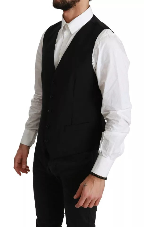 Dolce & Gabbana Black Stretch Waistcoat Formal Dress Wool Vest | Regal Royce