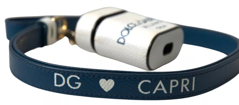Dolce & Gabbana White Blue Calf Leather Logo Print Strap Airpods Case | Regal Royce