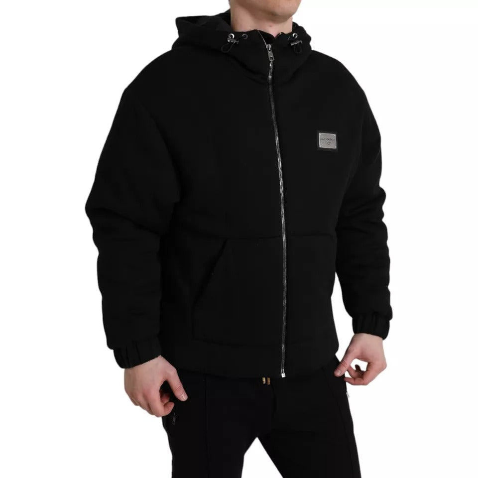 Dolce & Gabbana Black Cotton Hooded Logo Bomber Men Jacket | Regal Royce