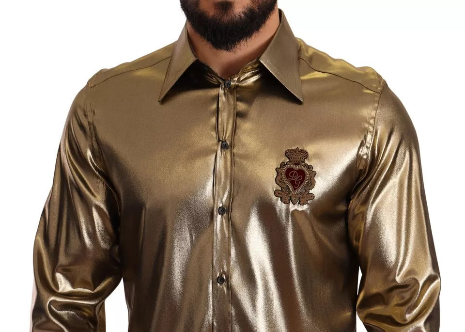 Dolce & Gabbana Metallic Gold DG Embroidered Crown Silk Top Shirt | Regal Royce