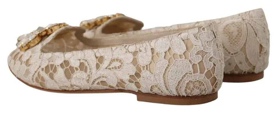 Dolce & Gabbana Beige Lace Crystal Ballet Flats Loafers Shoes | Regal Royce