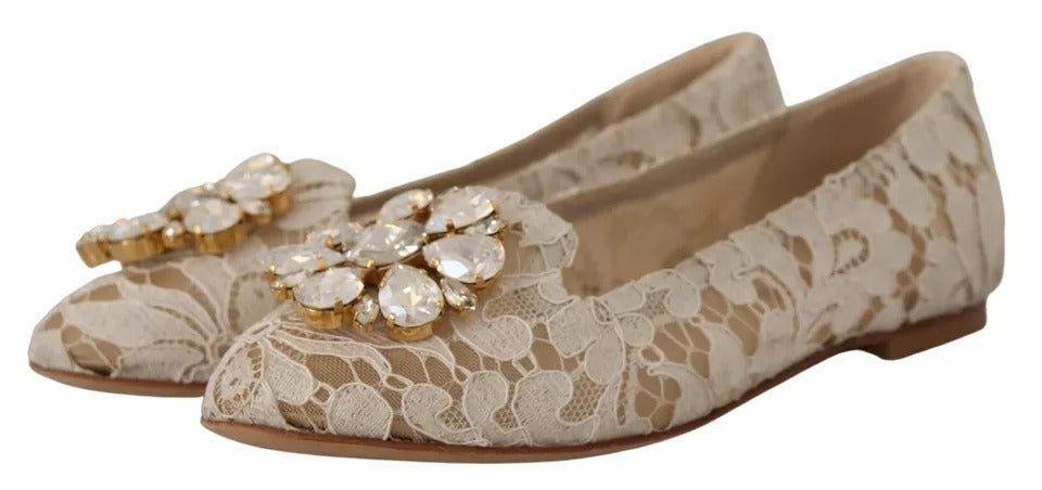 Dolce & Gabbana Beige Lace Crystal Ballet Flats Loafers Shoes | Regal Royce