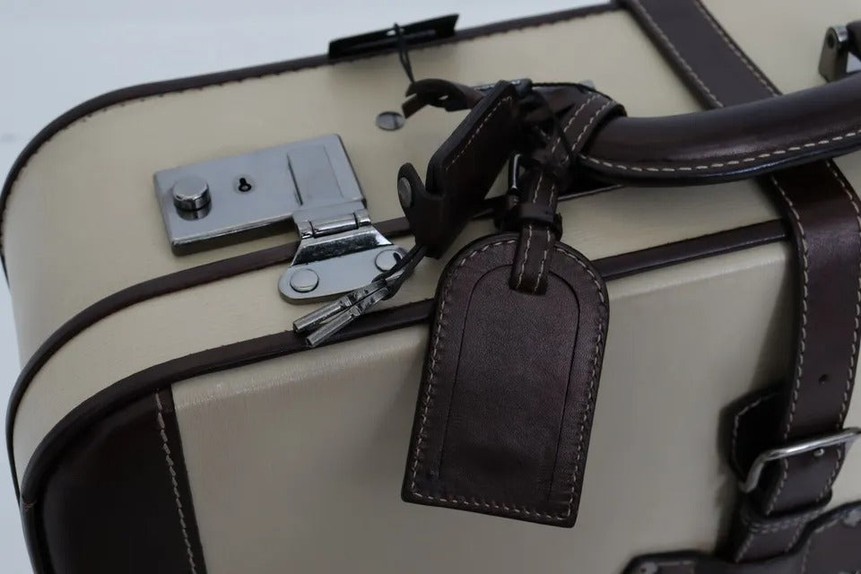 Dolce & Gabbana Brown Beige Leather Mens Travel Suitcase Luggage Bag | Regal Royce