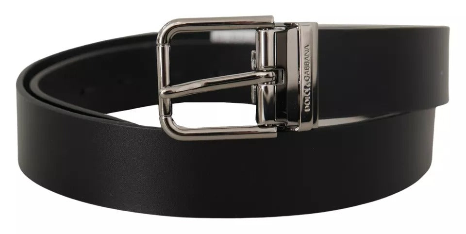 Dolce & Gabbana Black Calf Leather Logo Engraved Metal Buckle Belt | Regal Royce