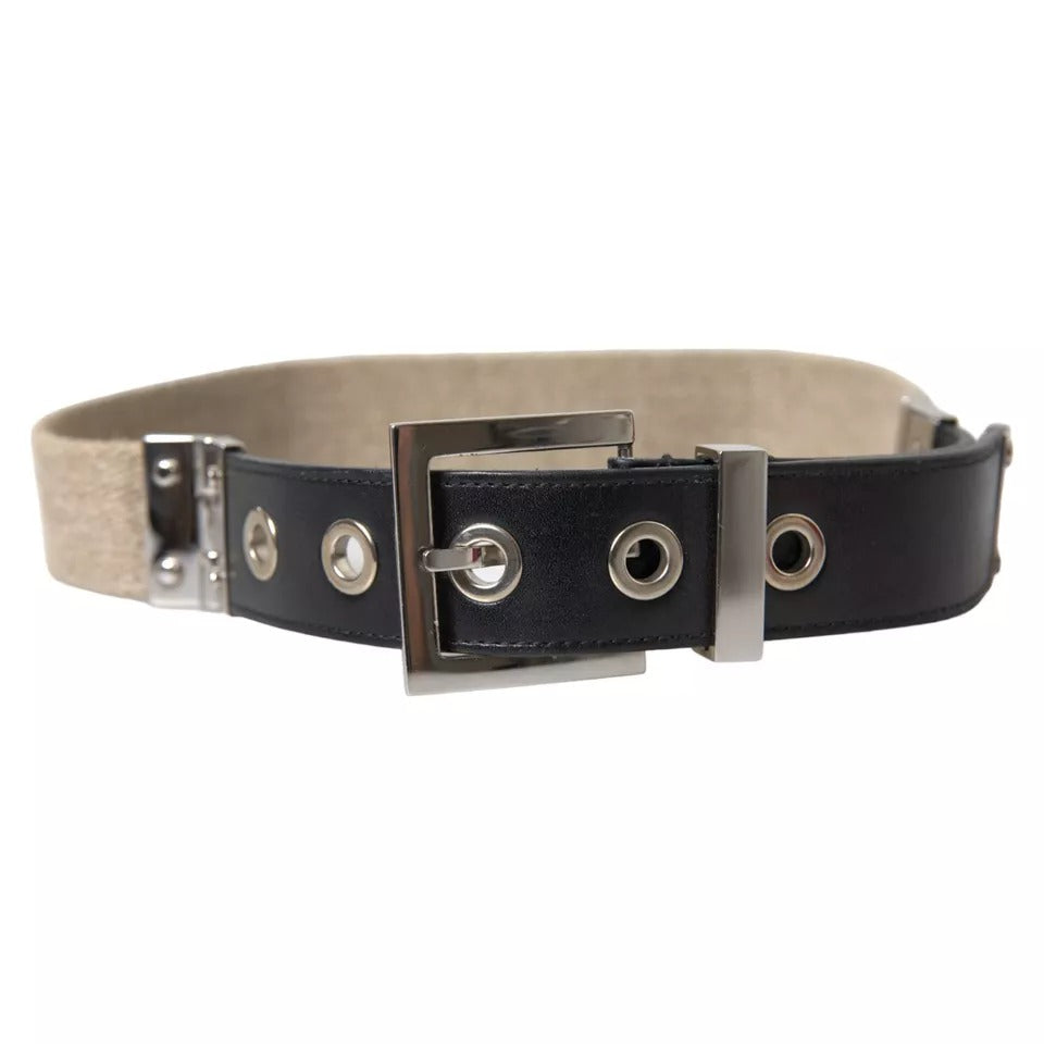 Dolce & Gabbana Black Leather Beige Strap Silver Metal Buckle Belt | Regal Royce