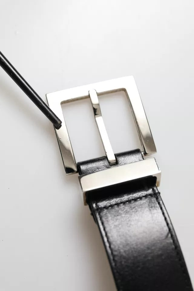 Dolce & Gabbana Black Leather Beige Strap Silver Metal Buckle Belt | Regal Royce