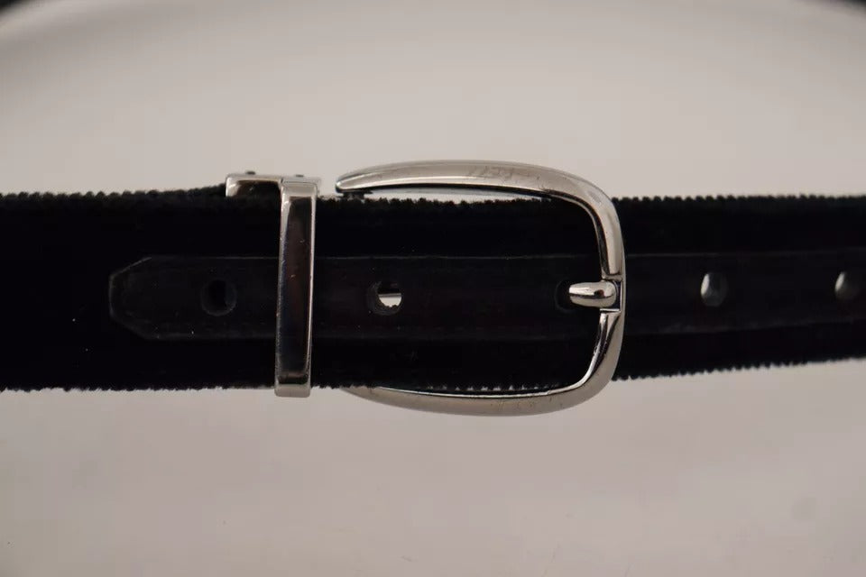 Dolce & Gabbana Black Velvet Silver Tone Metal Logo Buckle Belt | Regal Royce