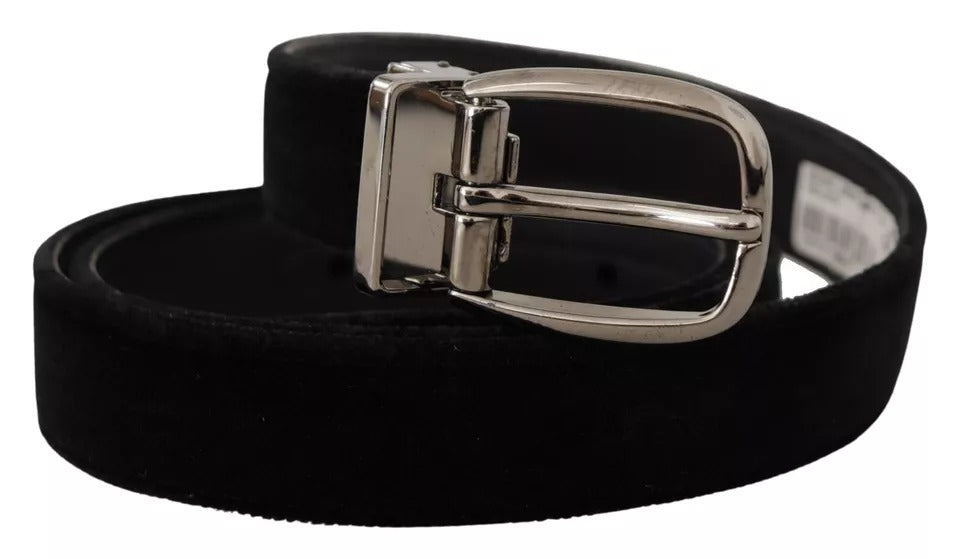 Dolce & Gabbana Black Velvet Silver Tone Metal Logo Buckle Belt | Regal Royce