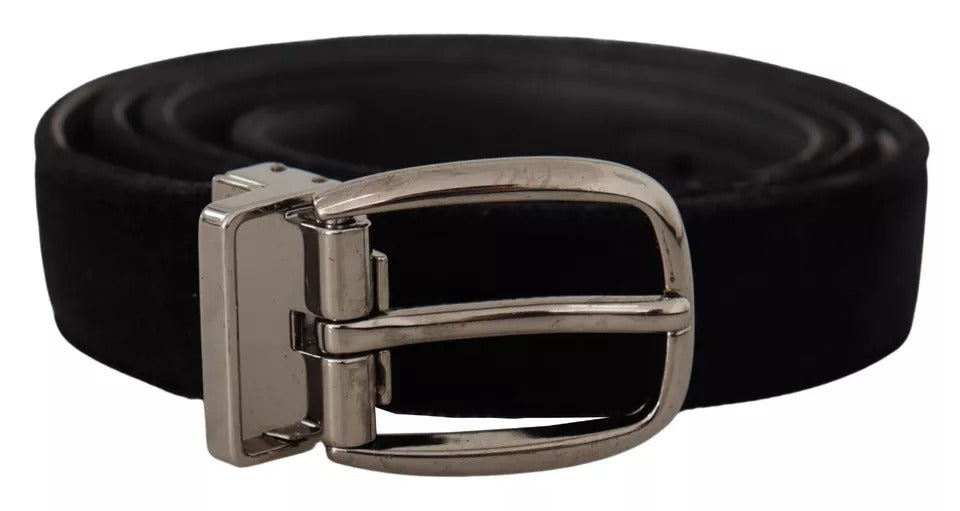 Dolce & Gabbana Black Velvet Silver Tone Metal Logo Buckle Belt | Regal Royce