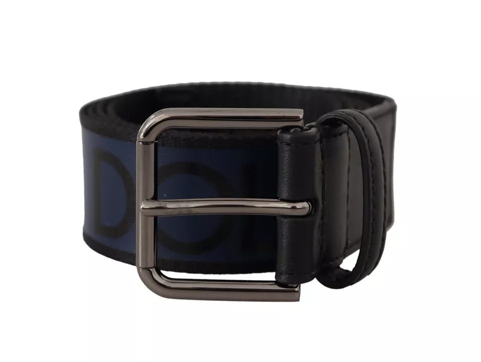 Dolce & Gabbana Blue Black Logo Print Silver Buckle Belt | Regal Royce