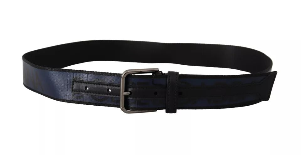Dolce & Gabbana Blue Black Logo Print Silver Buckle Belt | Regal Royce