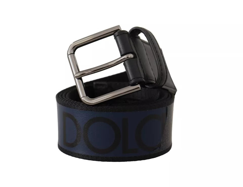 Dolce & Gabbana Blue Black Logo Print Silver Buckle Belt | Regal Royce