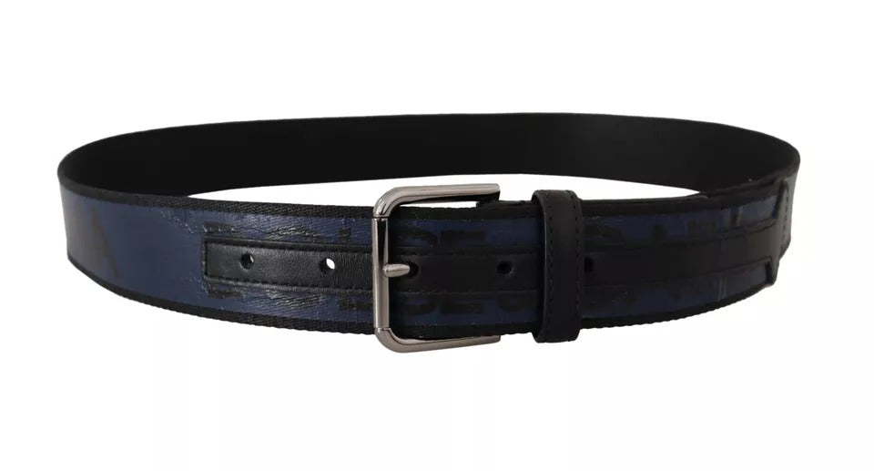Dolce & Gabbana Blue Black Logo Print Silver Buckle Belt | Regal Royce