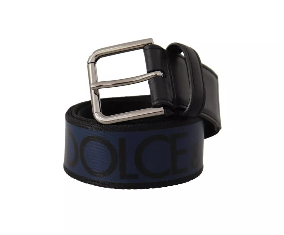 Dolce & Gabbana Blue Black Logo Print Silver Buckle Belt | Regal Royce
