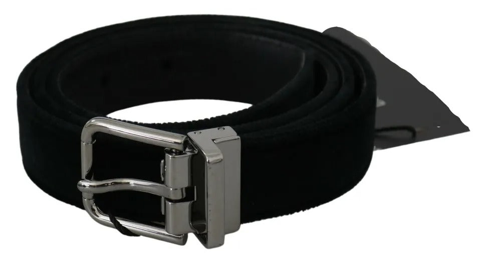 Dolce & Gabbana Black Velvet Leather Silver Buckle Belt | Regal Royce