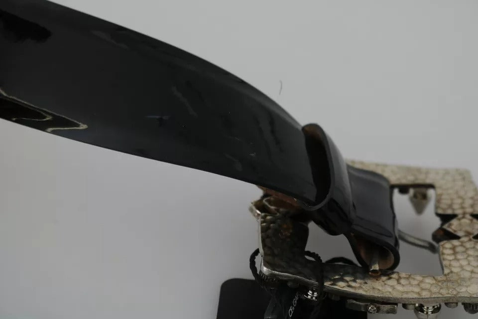 Dolce & Gabbana Black Shiny Leather Crystal Logo Buckle Belt | Regal Royce