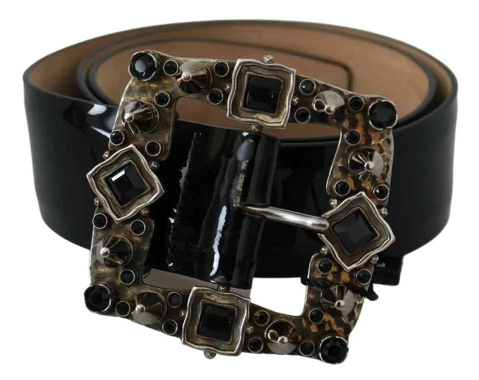 Dolce & Gabbana Black Shiny Leather Crystal Logo Buckle Belt | Regal Royce