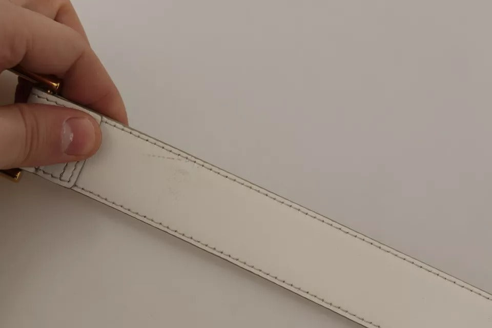 Dolce & Gabbana White Leather Gold Logo Engraved Metal Buckle Belt | Regal Royce