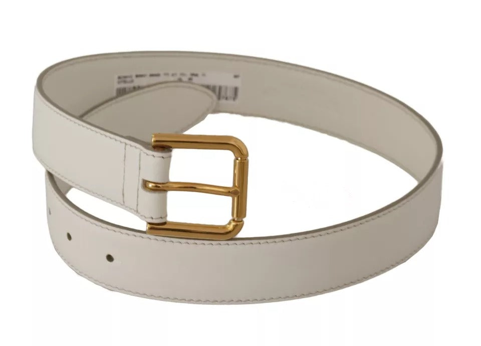 Dolce & Gabbana White Leather Gold Logo Engraved Metal Buckle Belt | Regal Royce