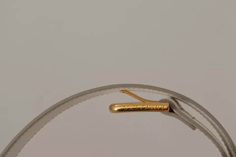 Dolce & Gabbana White Leather Gold Logo Engraved Metal Buckle Belt | Regal Royce