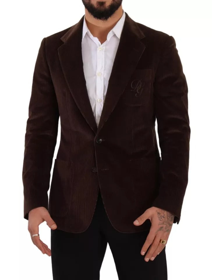 Dolce & Gabbana Brown Corduroy Slim Fit Coat DG Logo Blazer | Regal Royce