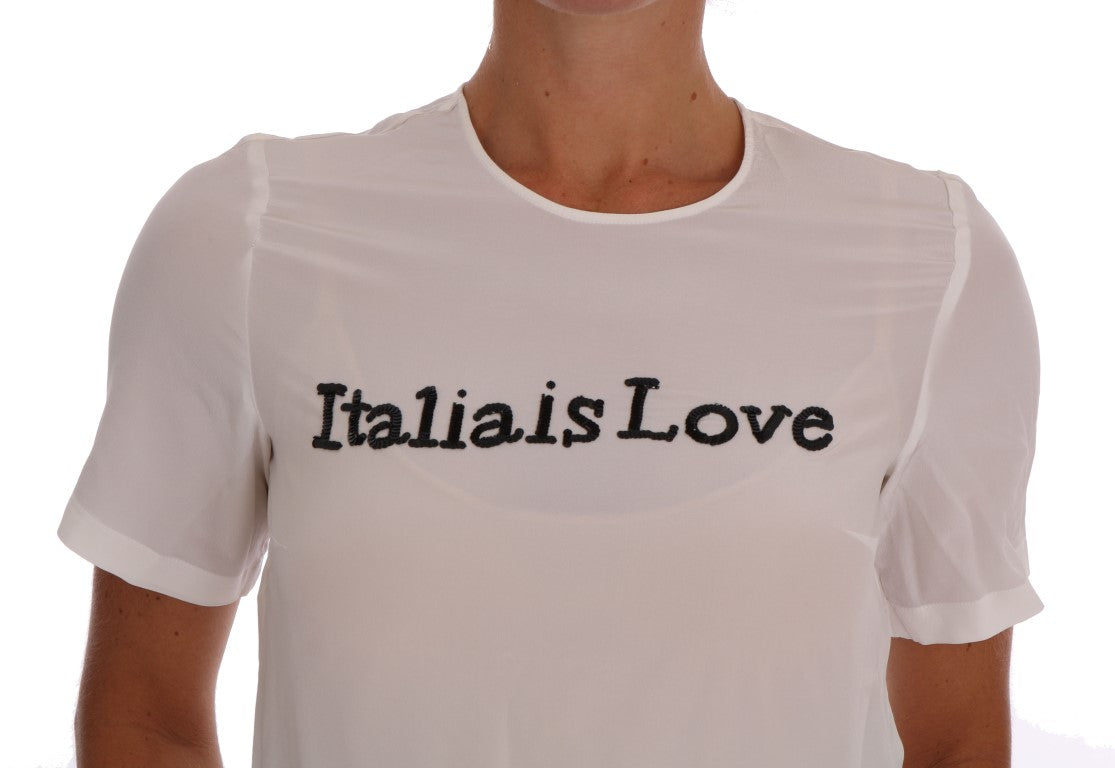 Dolce & Gabbana White Silk ITALIA IS LOVE Blouse T-shirt | Regal Royce