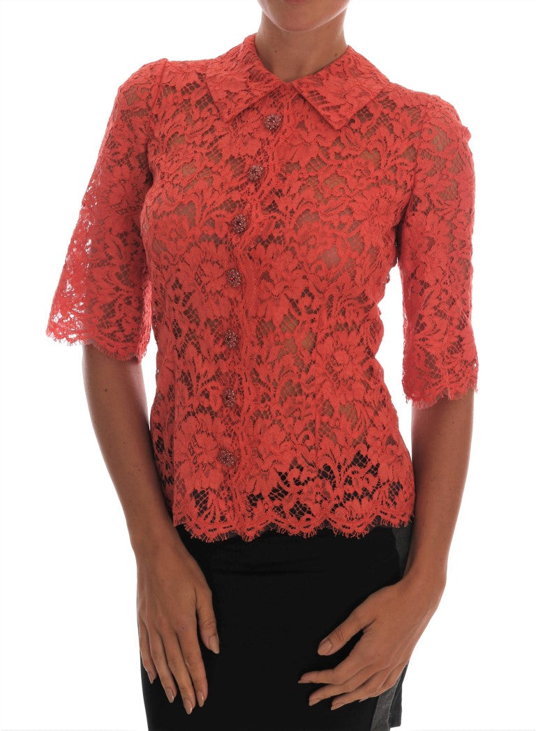 Dolce & Gabbana Orange Crystal Buttons Floral Lace Blouse | Regal Royce