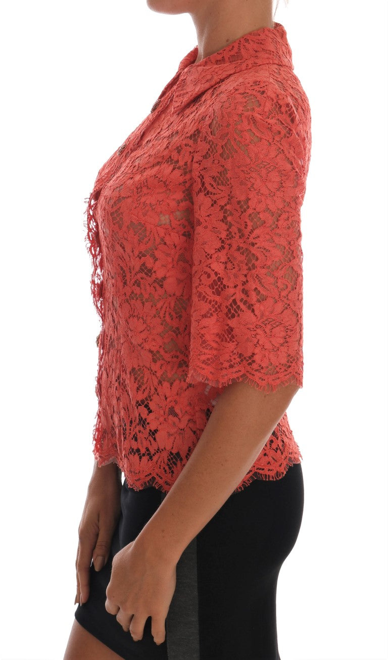 Dolce & Gabbana Orange Crystal Buttons Floral Lace Blouse | Regal Royce