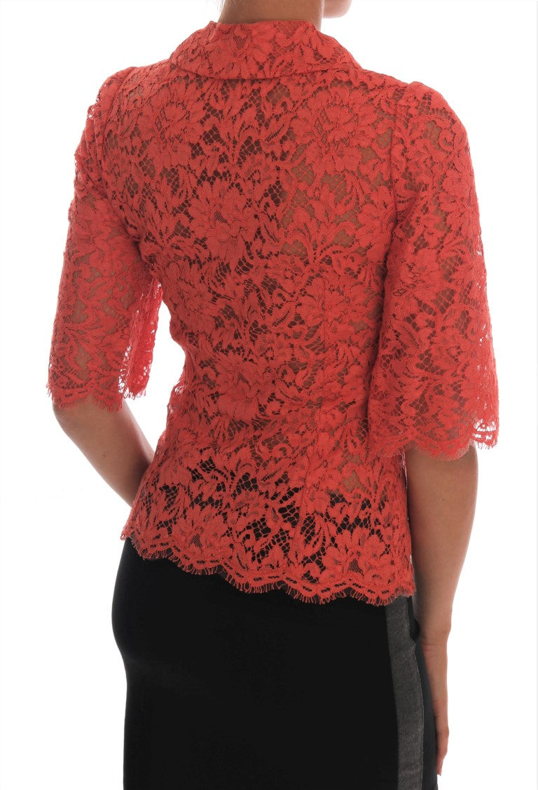Dolce & Gabbana Orange Crystal Buttons Floral Lace Blouse | Regal Royce