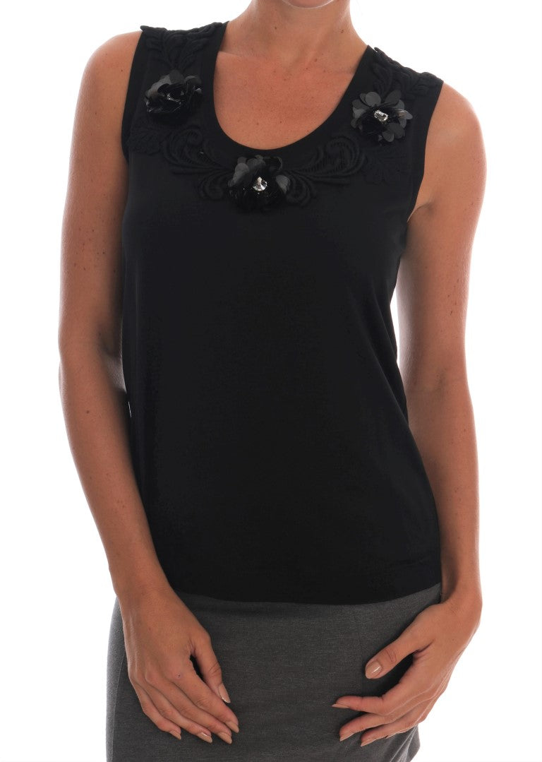 Dolce & Gabbana Black Cotton Floral Crystal Tank Top | Regal Royce