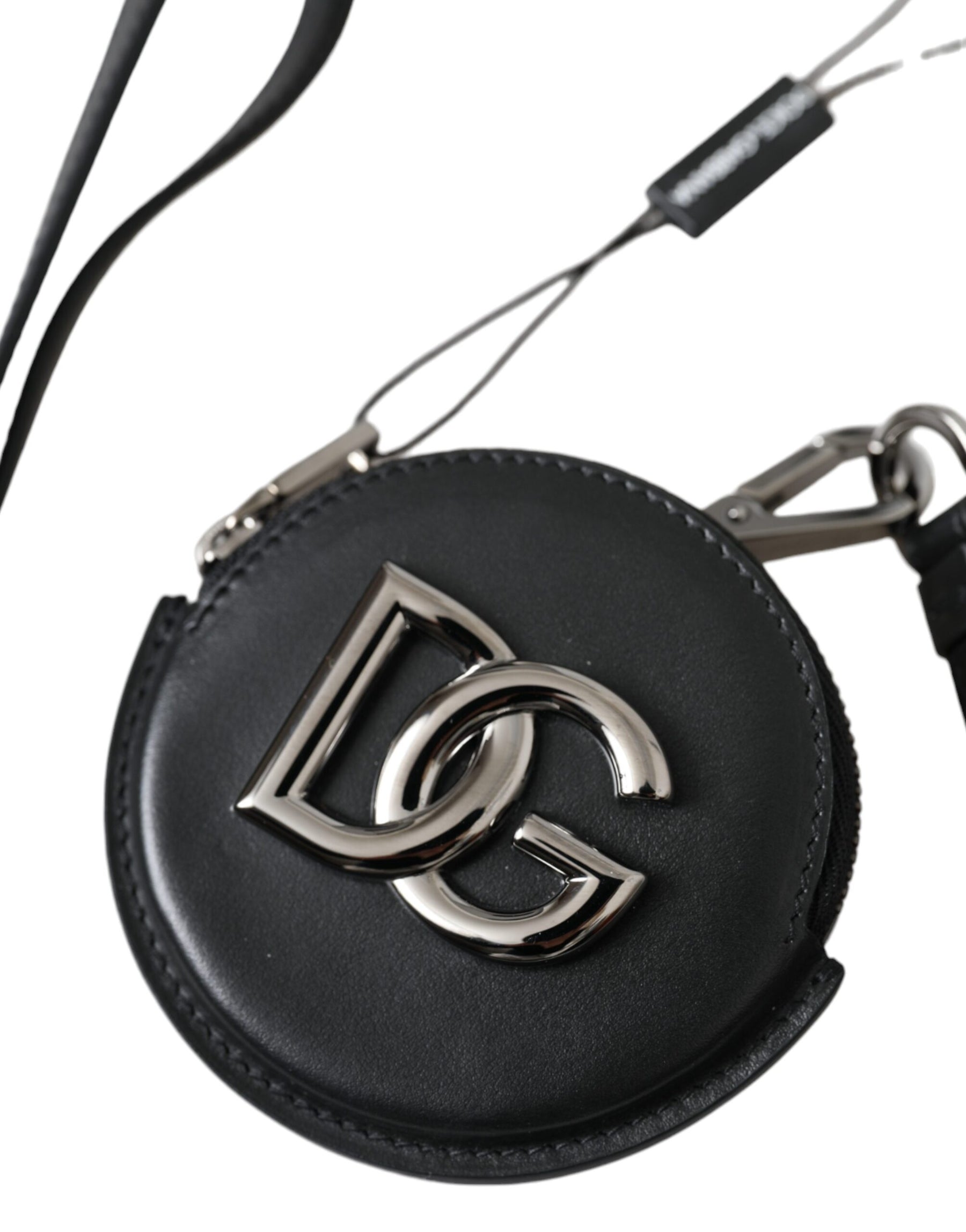 Dolce & Gabbana Black Round Leather DG Logo Coin Purse Lanyard Wallet | Regal Royce