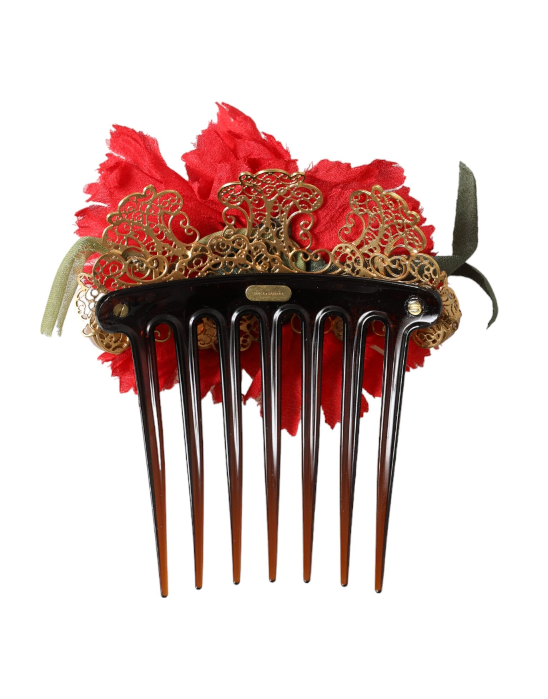Dolce & Gabbana Red Silk Floral Gold Brass Women Hair Comb | Regal Royce