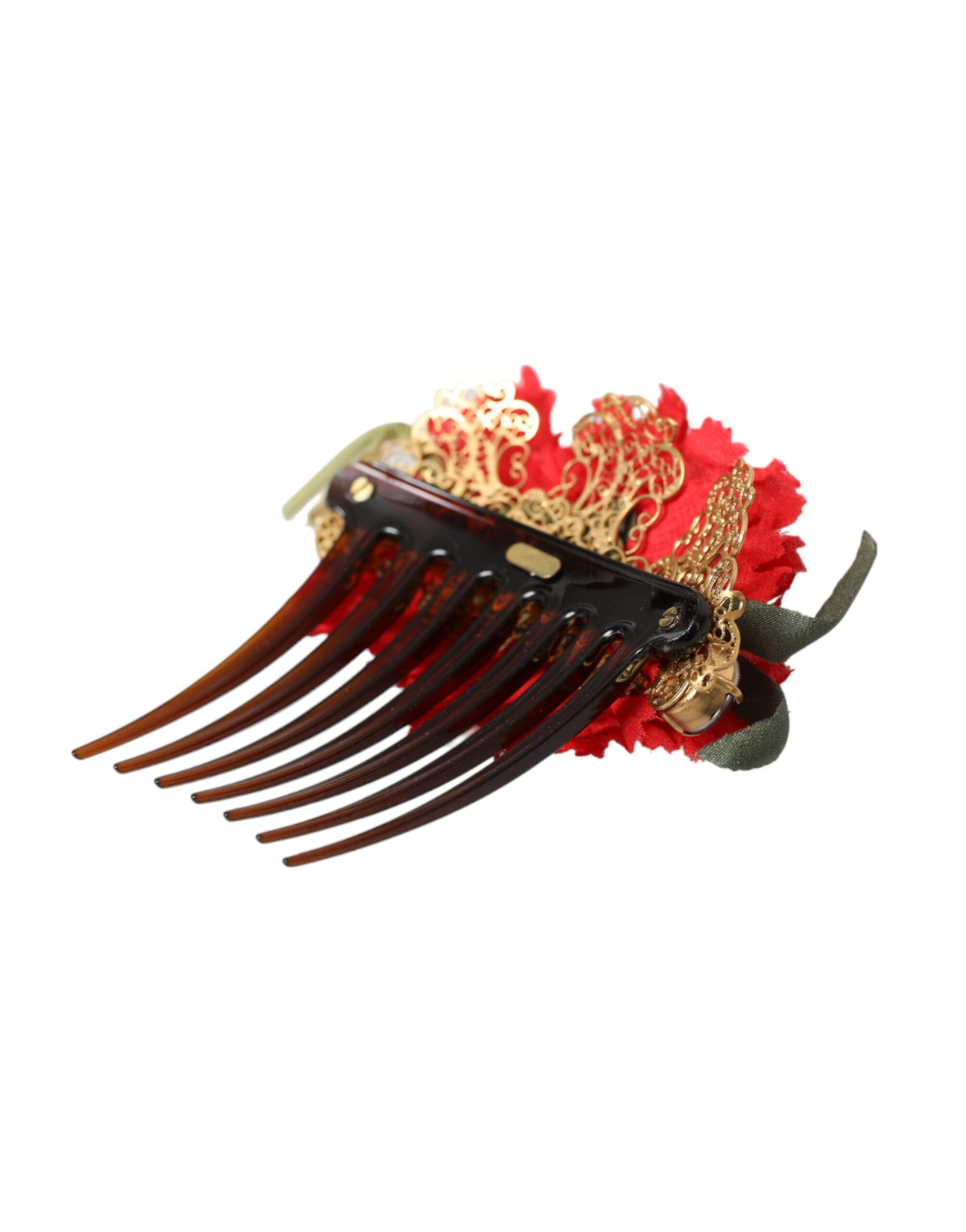 Dolce & Gabbana Red Silk Floral Gold Brass Women Hair Comb | Regal Royce