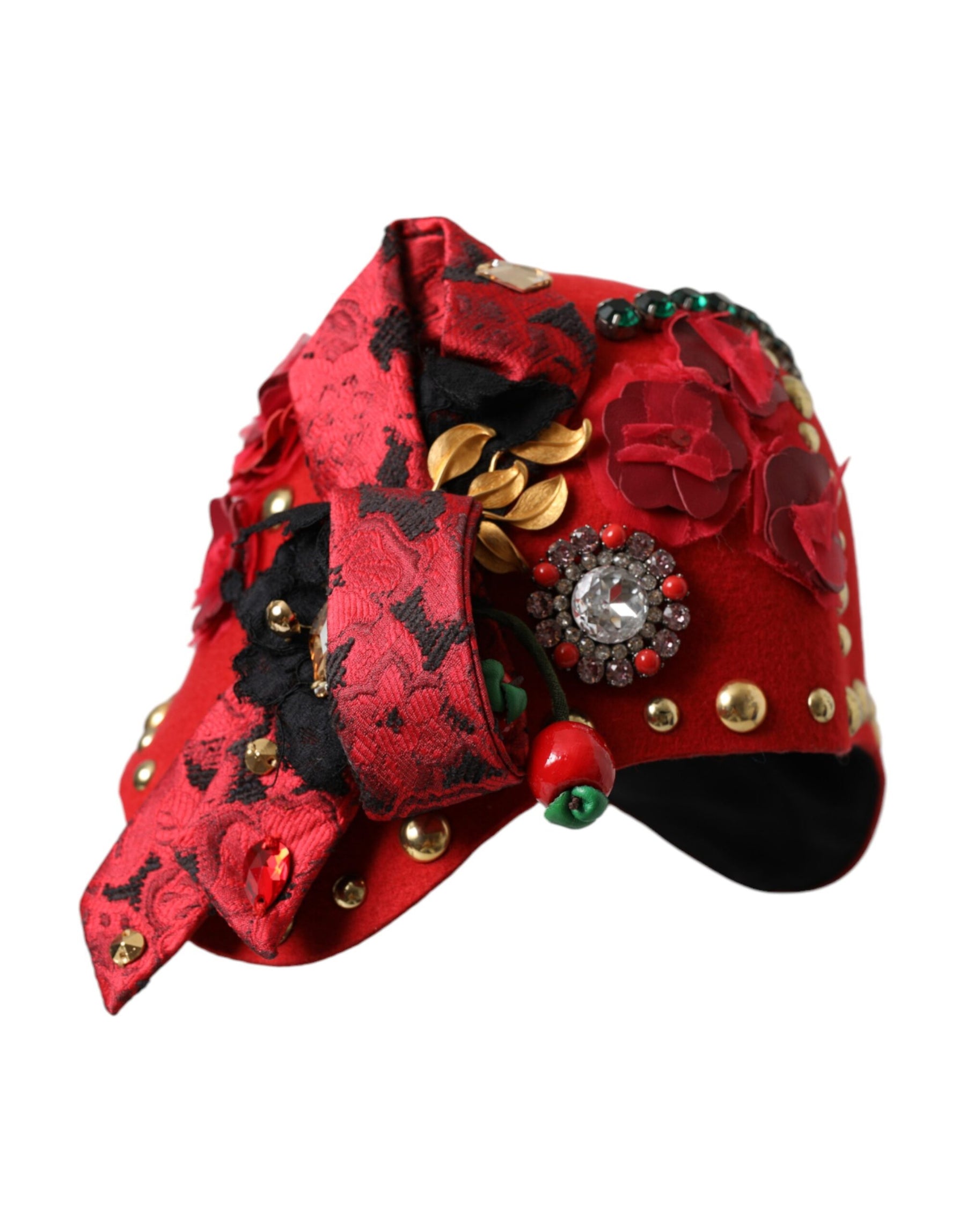 Dolce & Gabbana Red Crystal Gold Roses Brooch Embellished Hat | Regal Royce