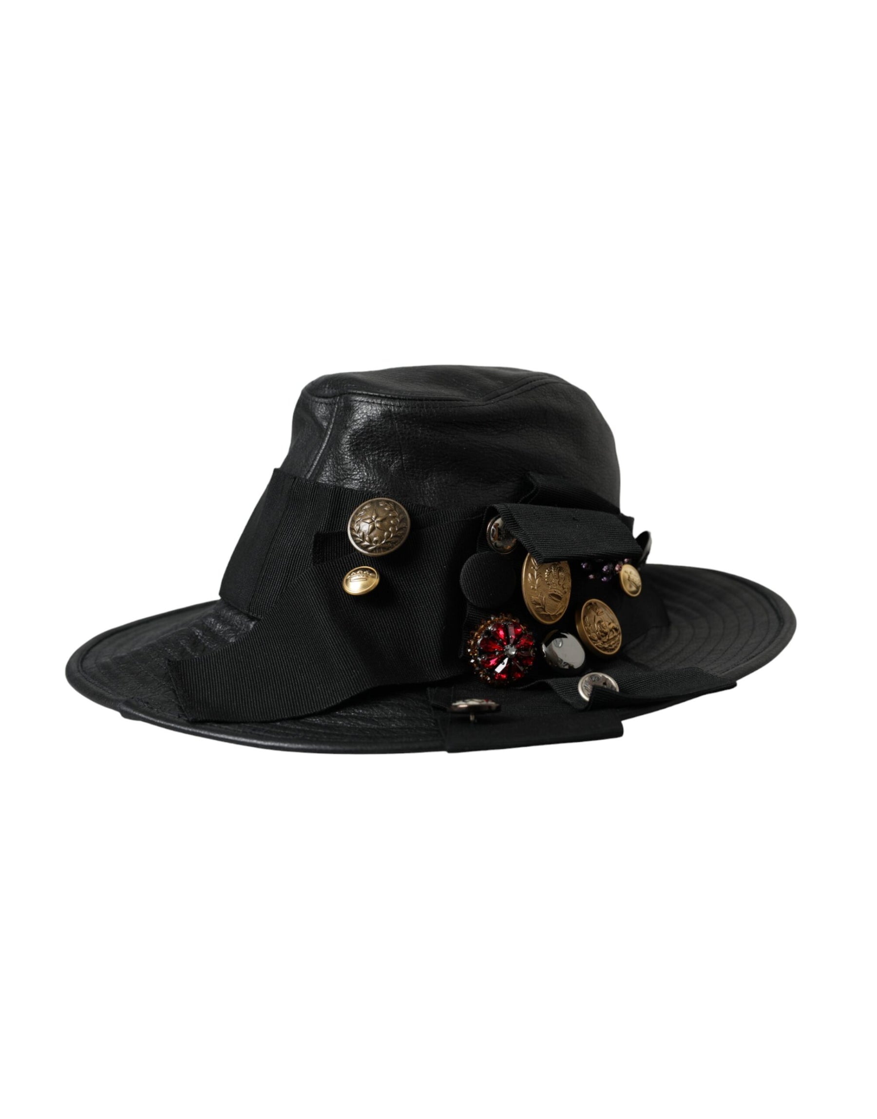 Dolce & Gabbana Black Leather DG Coin Crystal Wide Brim Hat | Regal Royce