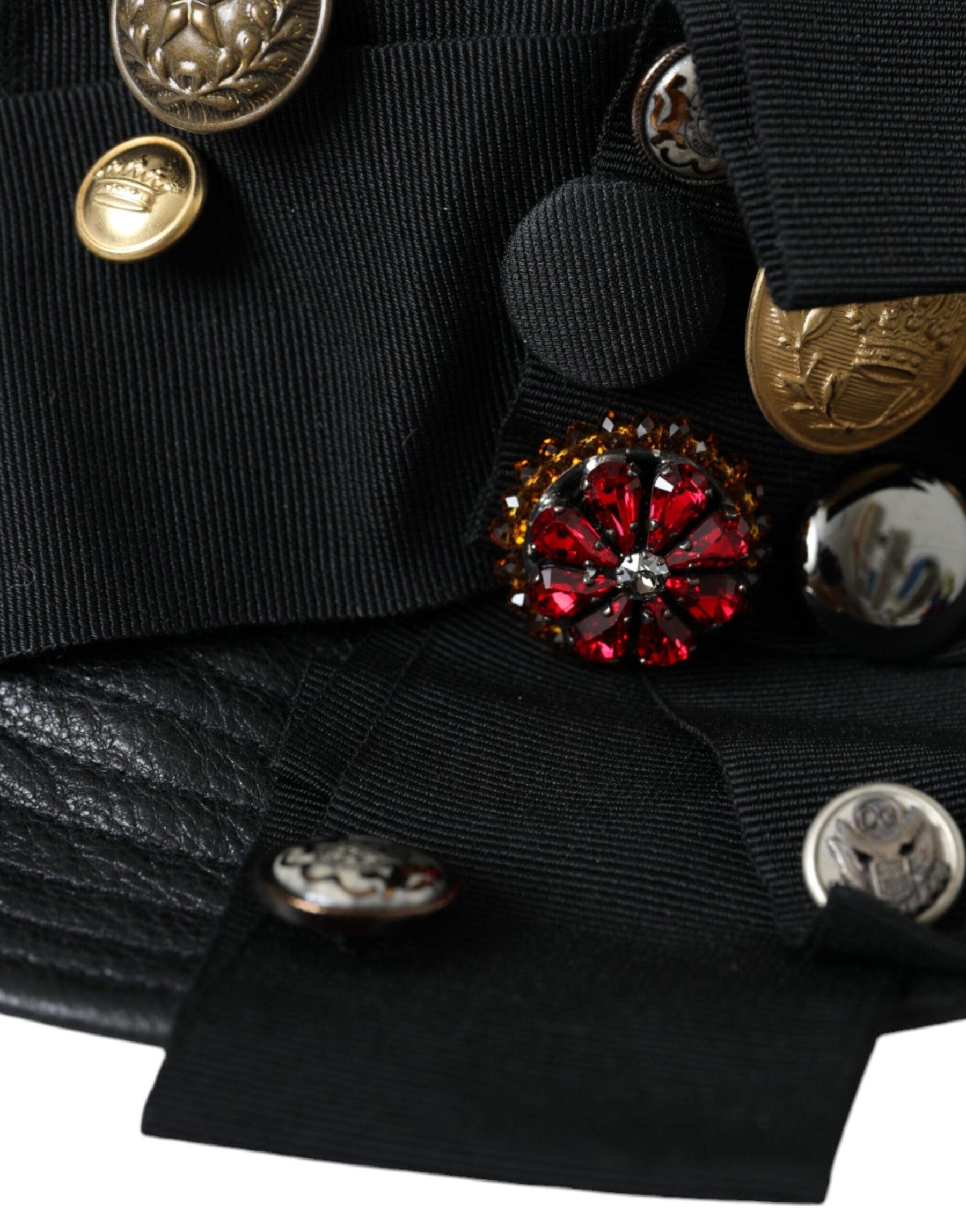 Dolce & Gabbana Black Leather DG Coin Crystal Wide Brim Hat | Regal Royce