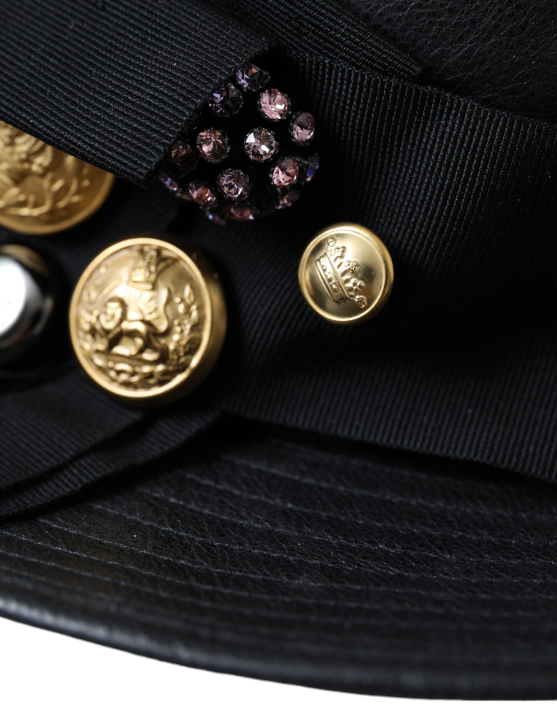 Dolce & Gabbana Black Leather DG Coin Crystal Wide Brim Hat | Regal Royce